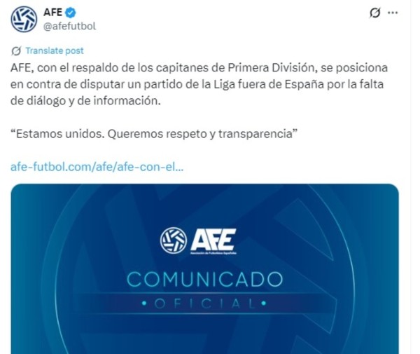 Hiệp hội các cầu thủ chuyên nghiệp (AFE) và 20 thủ quân các đội bóng La Liga cùng phản đối ý tưởng đưa giải đấu sang Mỹ.